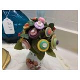 Metal basket, button bouquet, bottl...