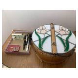 Stained glass basket top, keys, fou...