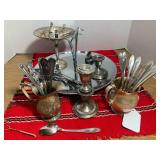 Metal trays, spoons, candle holder;...