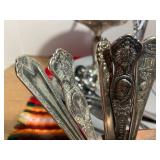Metal trays, spoons, candle holder;...