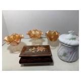 Carnival glass, lidded tea jar and ...