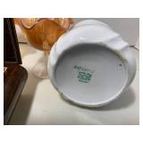 Carnival glass, lidded tea jar and ...