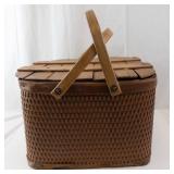 Vintage Wicker Picnic Basket with Leather Trim and Wooden Slat Lid