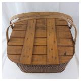 Vintage Wicker Picnic Basket with Leather Trim and Wooden Slat Lid
