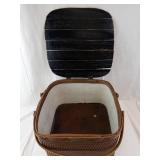 Vintage Wicker Picnic Basket with Leather Trim and Wooden Slat Lid