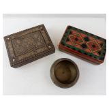 Inlaid Wood Boxes & Brass Floral Bowl (Lot of 3)