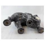 Ceramic Elephant Figurine - Textured Carved Pattern, Dark Gray with Ivory Tusks