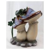 Frog on Mushroom Ceramic Figurine with Flowers