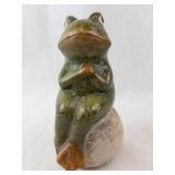 Praying Green Ceramic Frog Figurine - Rock Base