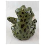 Green Ceramic Frog Figurine - White Belly, Black Dots on Back