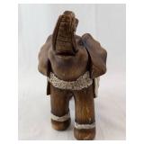 Carved Wooden Elephant Figurine with Embroidered Blanket & Lace Trim