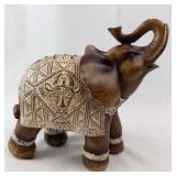 Carved Wooden Elephant Figurine with Embroidered Blanket & Lace Trim