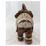 Carved Wooden Elephant Figurine with Embroidered Blanket & Lace Trim