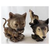 Cougar with Cub & Wolf Head Figurines on Rock Bases