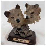 Meerkhi Wolf Head Figurines - Pair on Rock Pedestals, Wood Base
