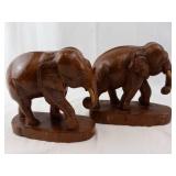 Pair of Hand-Carved Wooden Elephant Figurines on Oval Bases - Dark Brown Finish