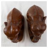 Pair of Hand-Carved Wooden Elephant Figurines on Oval Bases - Dark Brown Finish