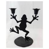 Frog Candle Holder - Metal Silhouette With 2 Cup Holders On Leaf Base - Black