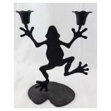 Frog Candle Holder - Metal Silhouette With 2 Cup Holders On Leaf Base - Black