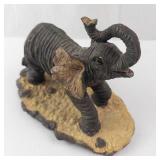 Baby Elephant Figurine with Trunk Up on Desert Sand Base - Hand-Painted
