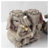 2 Elephant Family Figurine - Floral Crowns, Basket of Fruit - Musical Sculptures