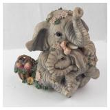 2 Elephant Family Figurine - Floral Crowns, Basket of Fruit - Musical Sculptures