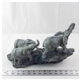 Two Elephant Figurines on Rock Base - Gray Resin Statue