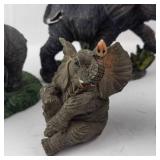 Elephant Figurine Set - 6 Resin Wildlife Statues on Rock Base