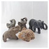 5 Elephant Figurines - Mixed Gray & Tan & Shell