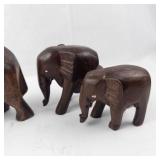 4 Elephant Figurines - Hand-Carved Brown Wood Elephants Group