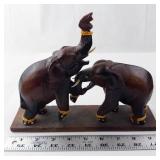 Hand-Carved Wooden Elephant Sculpture - Group of Elephants on Base