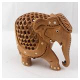 Hand-Carved Wooden Elephant Figurine with Openwork Back & White Inlays