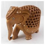 Hand-Carved Wooden Elephant Figurine with Openwork Back & White Inlays