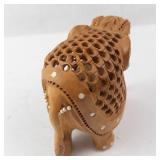 Hand-Carved Wooden Elephant Figurine with Openwork Back & White Inlays