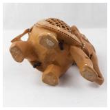 Hand-Carved Wooden Elephant Figurine with Openwork Back & White Inlays