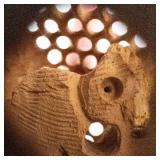 Hand-Carved Wooden Elephant Figurine with Openwork Back & White Inlays