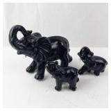 Elephant Family Figurines - Black Resin Sculptures, Set of 3
