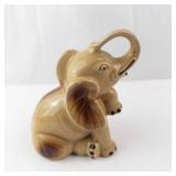 Elephant Figurine - Trunk Up, Beige Ceramic Statue with Brown Accents