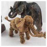 Elephant Figurines Trio - Stone Elephant Sculpture, Carved Wood Elephant, Rope Elephant