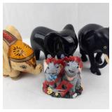Elephant Figurines (Lot of 4) - Hand-Painted Wood Elephant, Two Glossy Black Elephants, Gray Pair