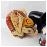 Elephant Figurines (Lot of 4) - Hand-Painted Wood Elephant, Two Glossy Black Elephants, Gray Pair