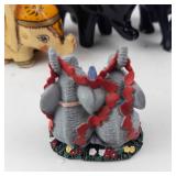 Elephant Figurines (Lot of 4) - Hand-Painted Wood Elephant, Two Glossy Black Elephants, Gray Pair