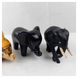Elephant Figurines (Lot of 4) - Hand-Painted Wood Elephant, Two Glossy Black Elephants, Gray Pair