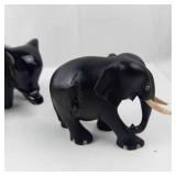 Elephant Figurines (Lot of 4) - Hand-Painted Wood Elephant, Two Glossy Black Elephants, Gray Pair