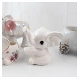 6-Piece Porcelain Elephant Figurine Set - Crackle Glaze & Floral Accents