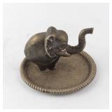 Vintage Silver-Tone Elephant Figurine on Velvet Round Trinket Dish with Rope Edge