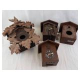 German Carved Cuckoo Clock Parts (Lot of 5) - Leaf & Bird Motif, Roman Dial (Parts/Need Repairs)