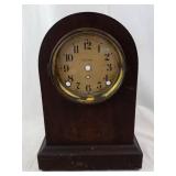 Seth Thomas Mantel Clock - Arched Wood Case, Brass Bezel, Glass Dial. Not tested, may need repair.