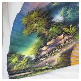 Hand-Painted Folding Fan - Bamboo Ribs, Scenic Village & Waterfall