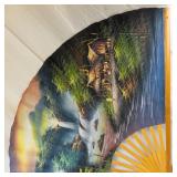 Hand-Painted Folding Fan - Bamboo Ribs, Scenic Village & Waterfall